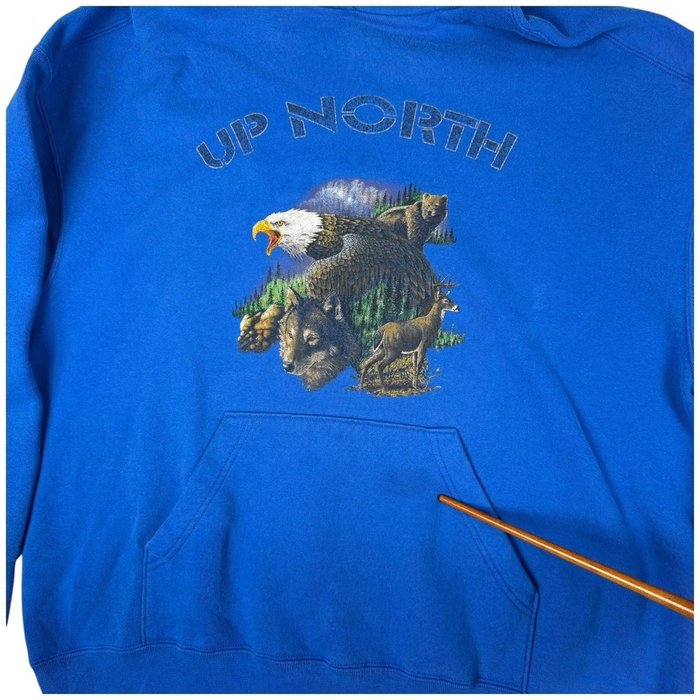 Vintage Fruit of the Loom Mens Wildlife Graphic Hoodie Size 2XL Blue Y2K Outdoor - Picture 15 of 16